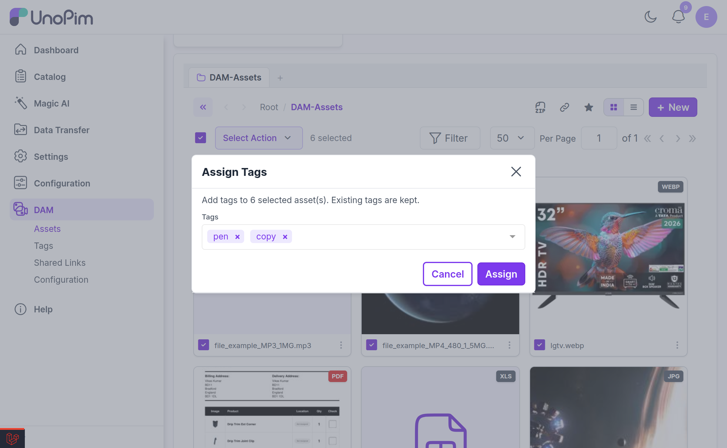 Assign Tags modal with the searchable tag input, showing tags added as chips and the "Press enter to add" hint