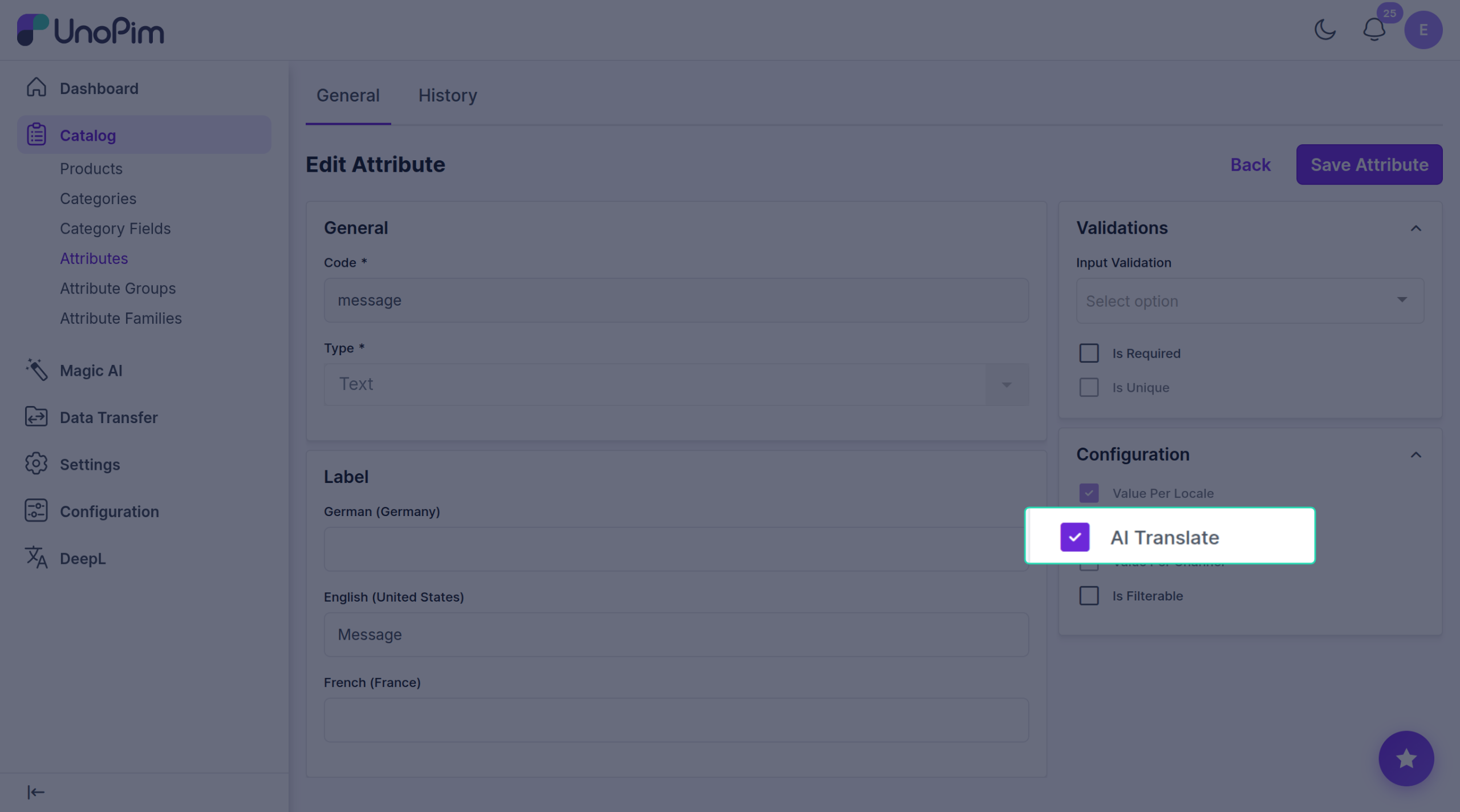 AI Translate checkbox on the attribute edit page