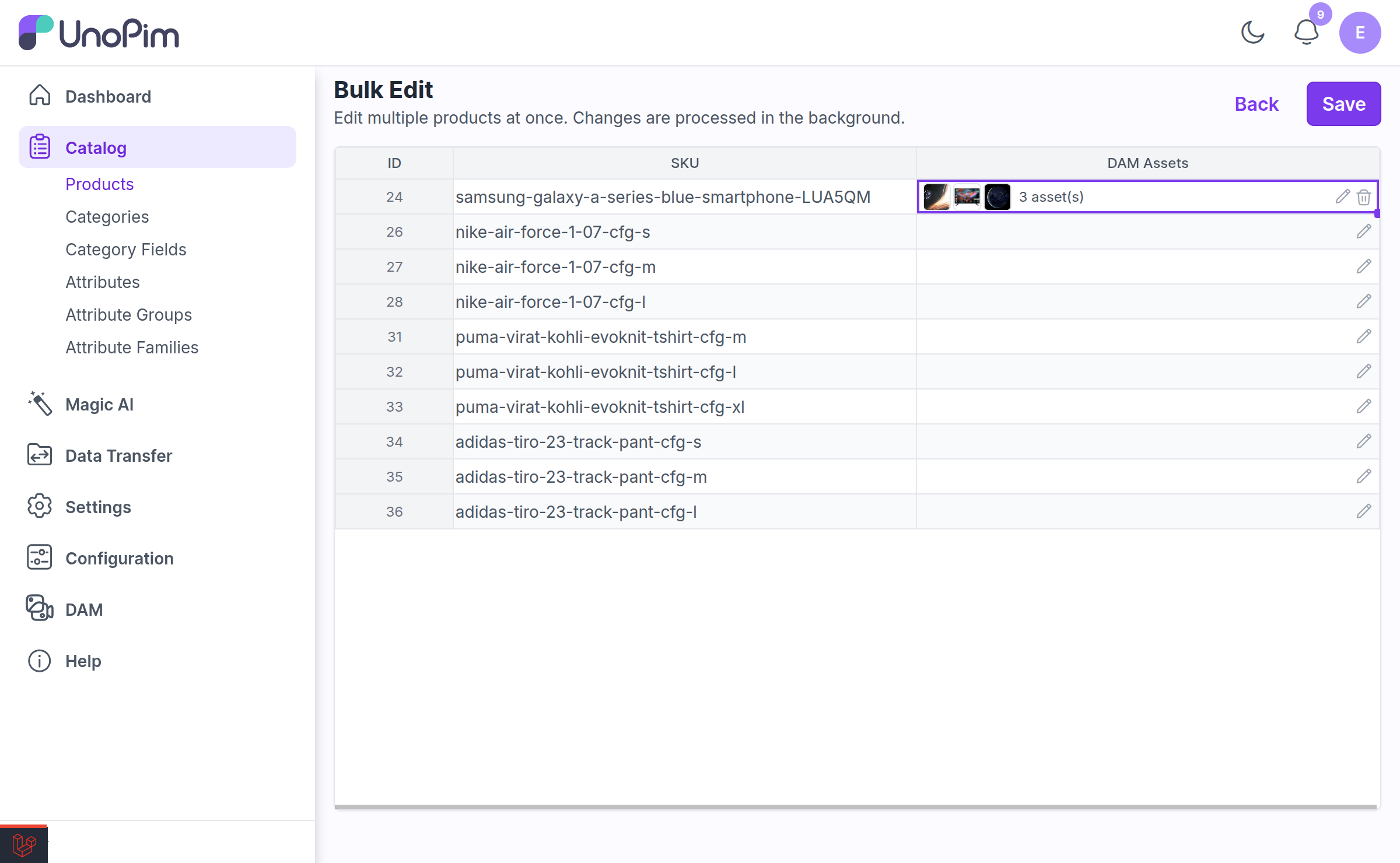 Product Bulk Edit spreadsheet with an asset attribute column showing asset thumbnails and the picker button