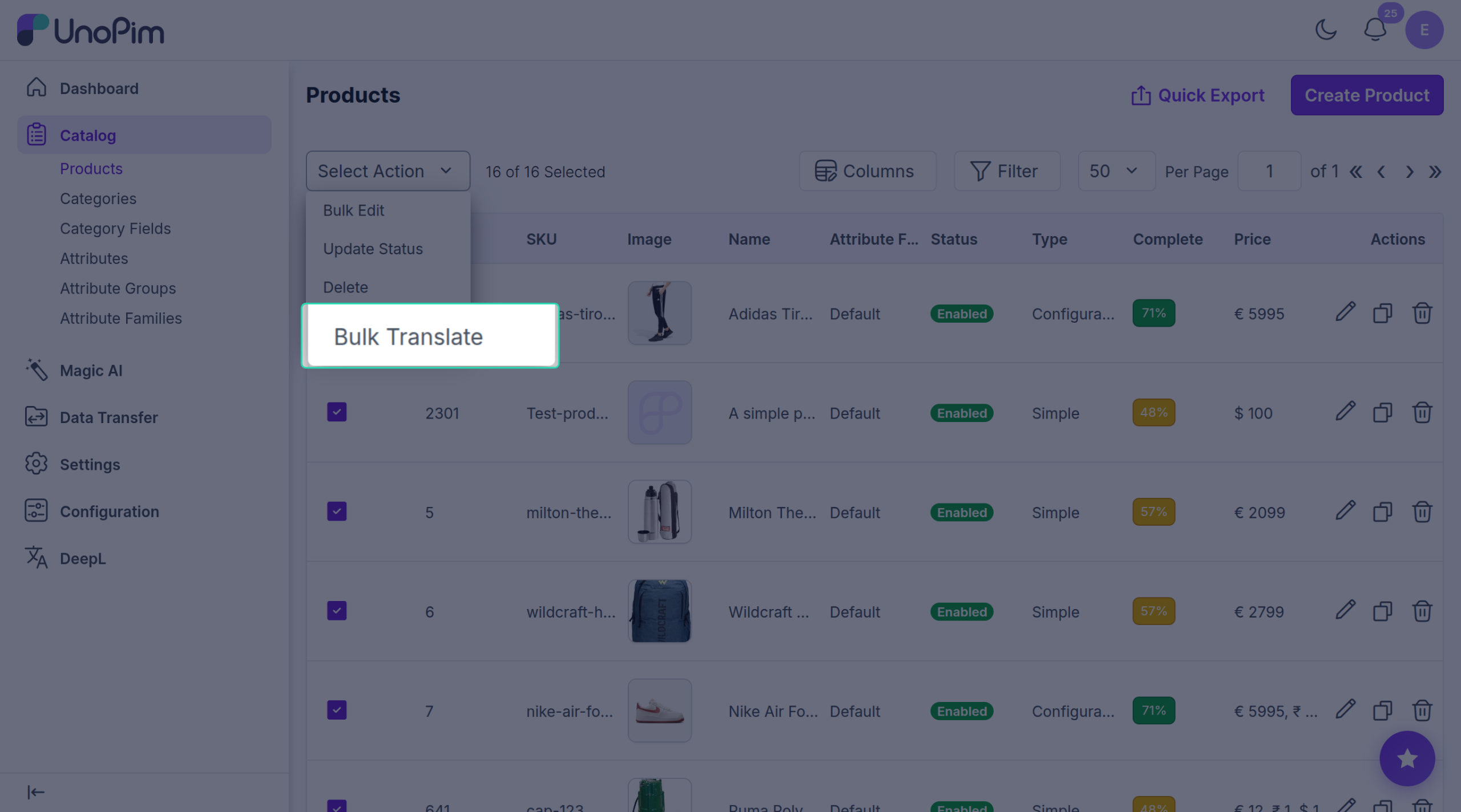Bulk Translate option in the products list