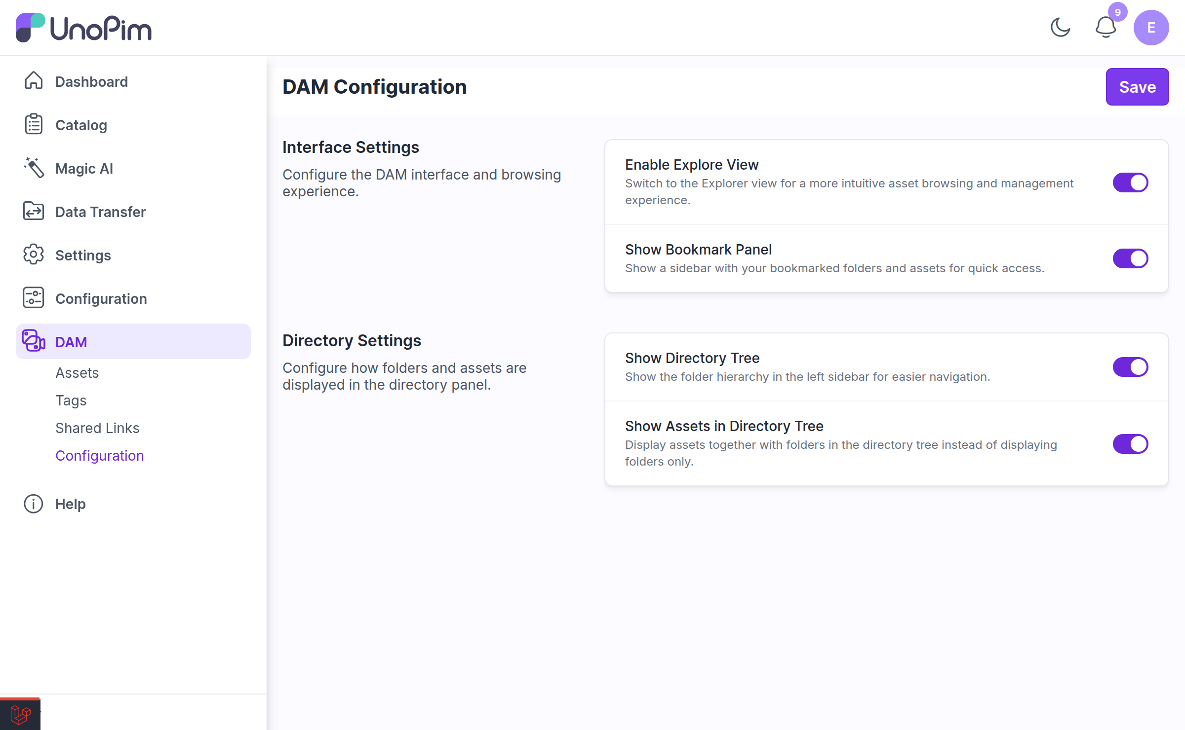 DAM > Configuration page showing the Interface Settings and Directory Settings cards with their toggles