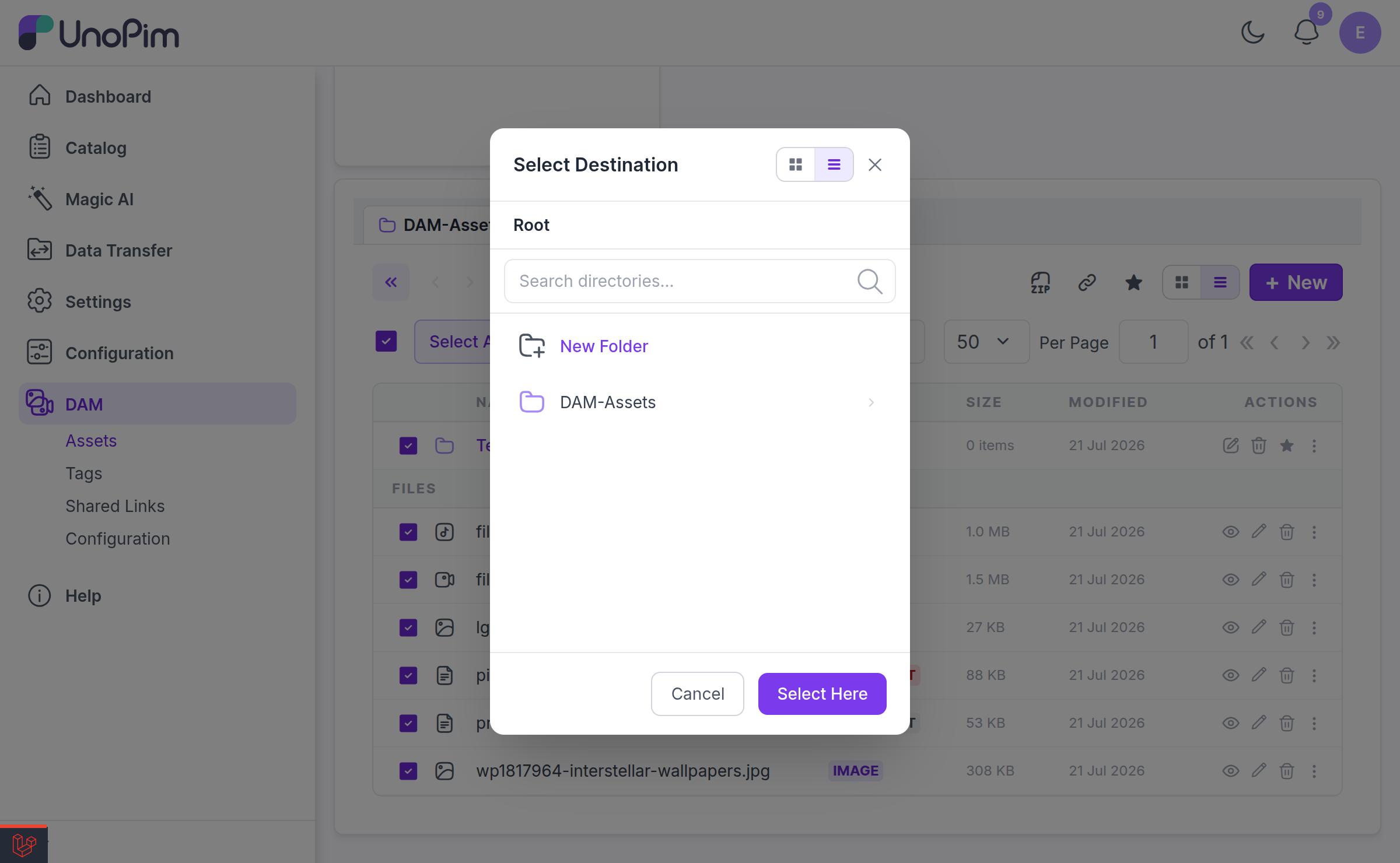 Select Destination folder picker, with its search box and the New Folder control