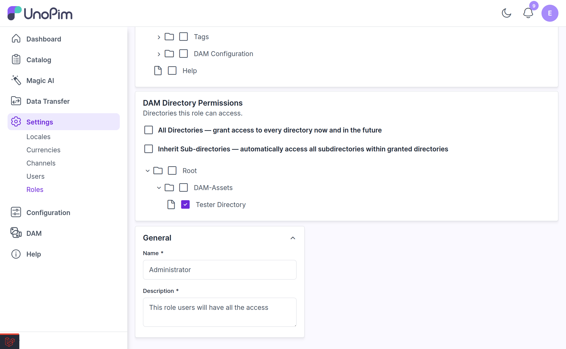 Directory tree inside the permissions panel with specific folders ticked and others left unticked
