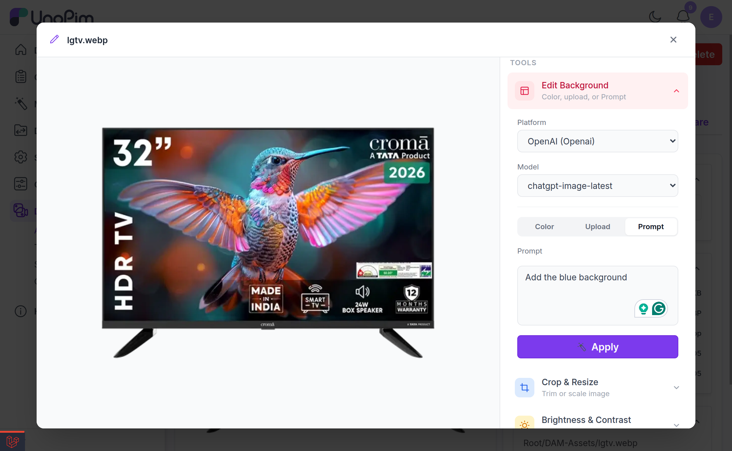 Edit Background > Prompt tab with the free-text "Describe the background you want…" field