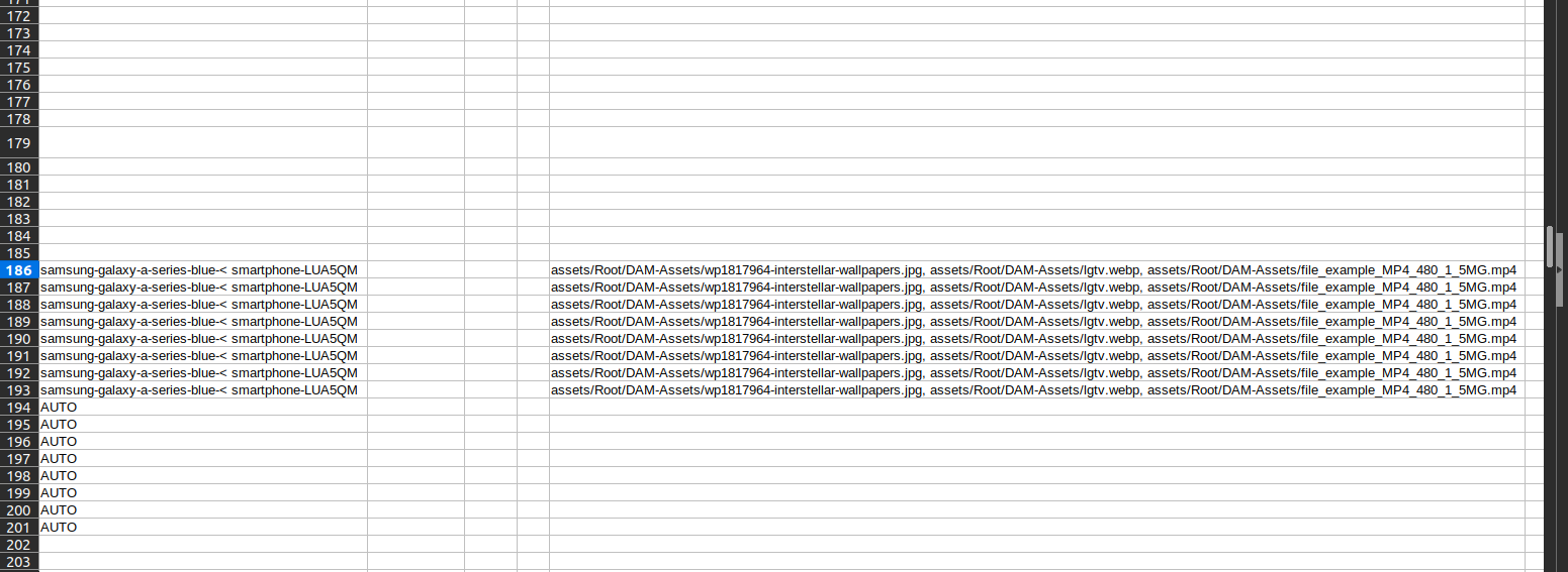 Exported CSV opened in a spreadsheet, showing an asset column filled with storage paths