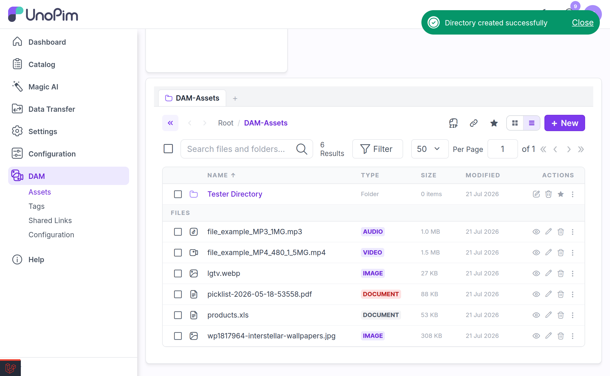 Explorer in List View, showing the Name / Type / Size / Modified / Actions columns