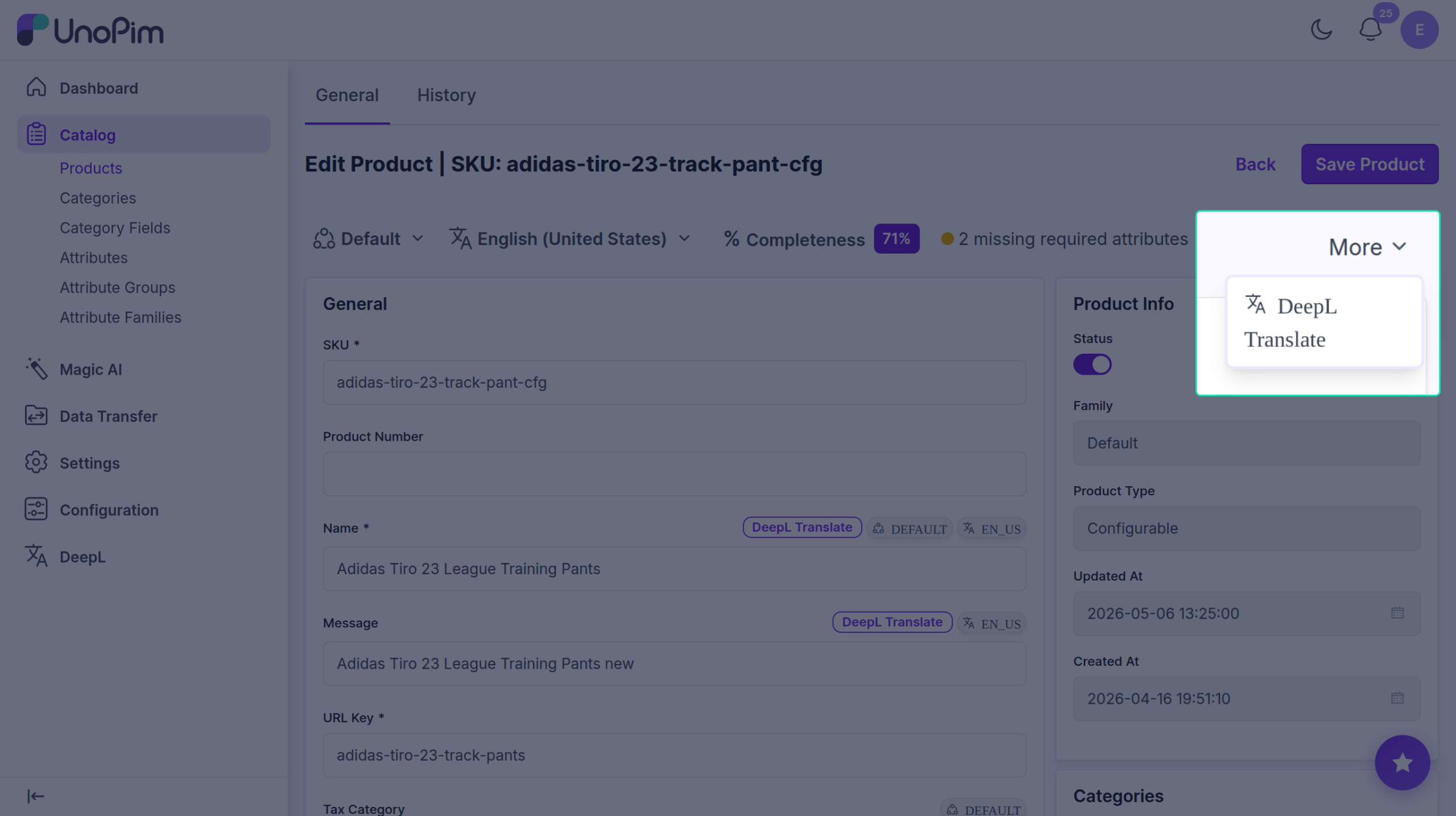 Product page More menu with DeepL Translate