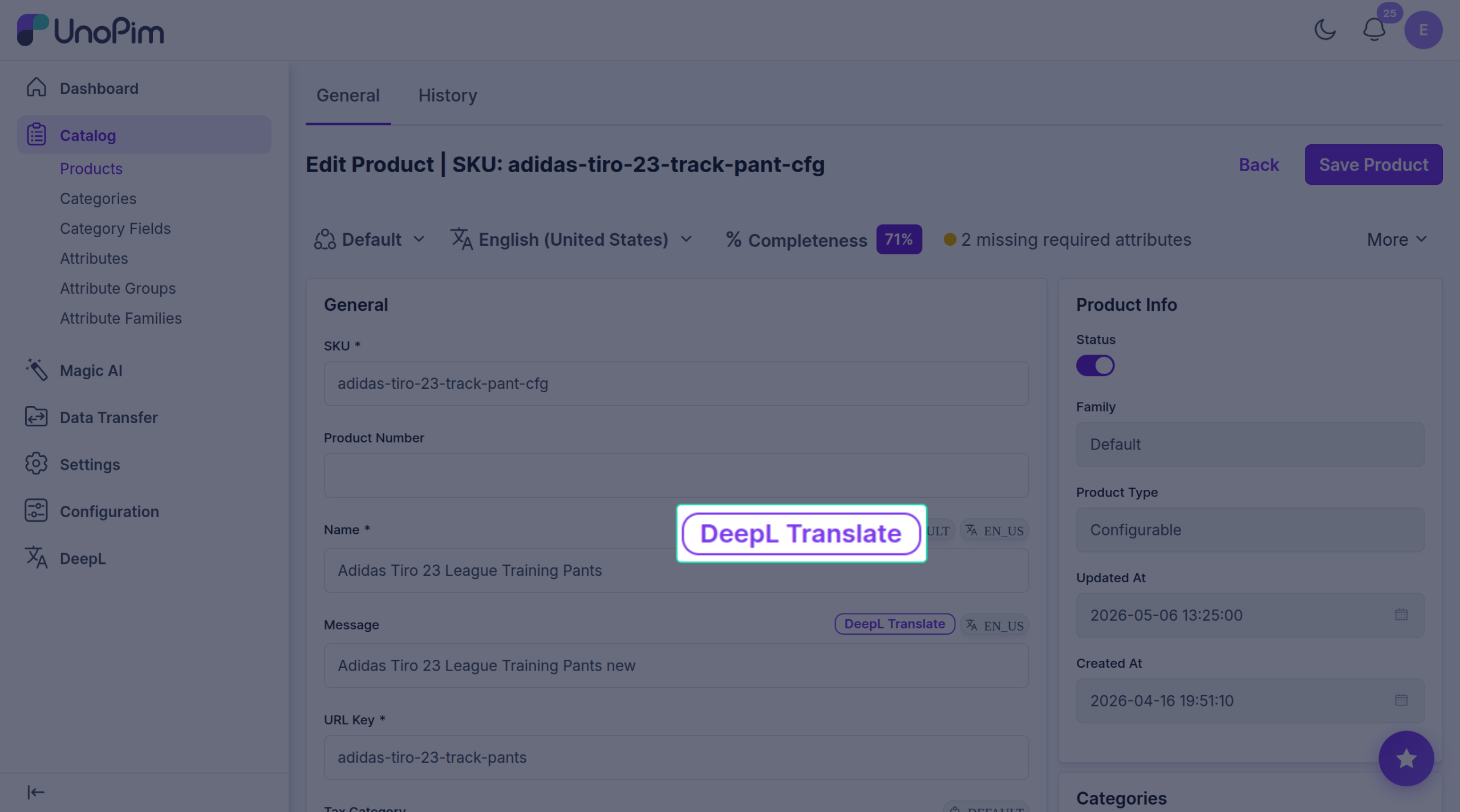 DeepL Translate button next to a field