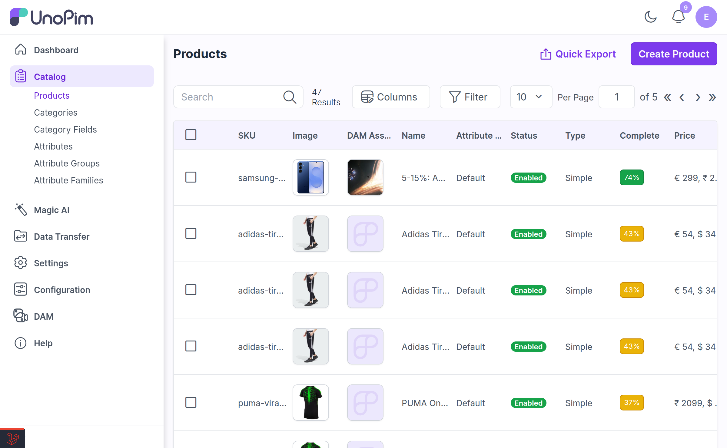 Catalog > Products datagrid with an asset column showing product thumbnails