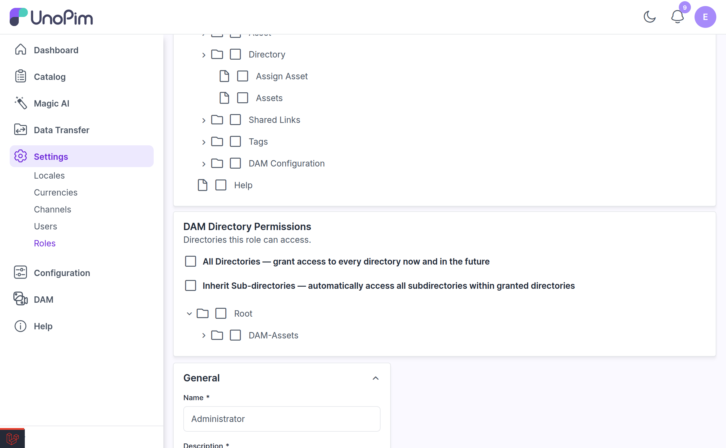 Settings > Roles edit page with the DAM Directory Permissions panel below the Access Control card