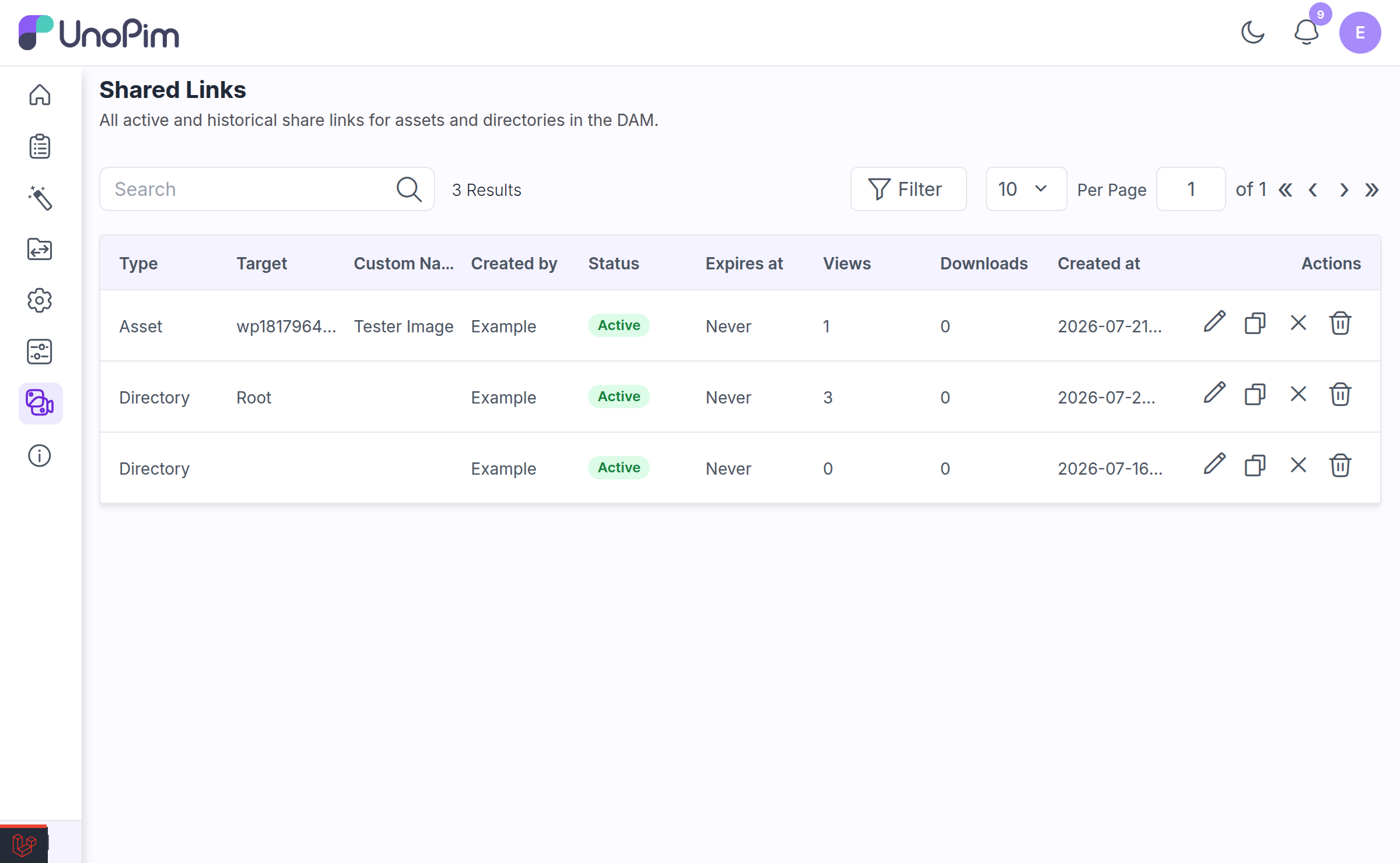 DAM > Shared Links datagrid listing shares with Type, Target, Status, Expiry, Views and Downloads columns