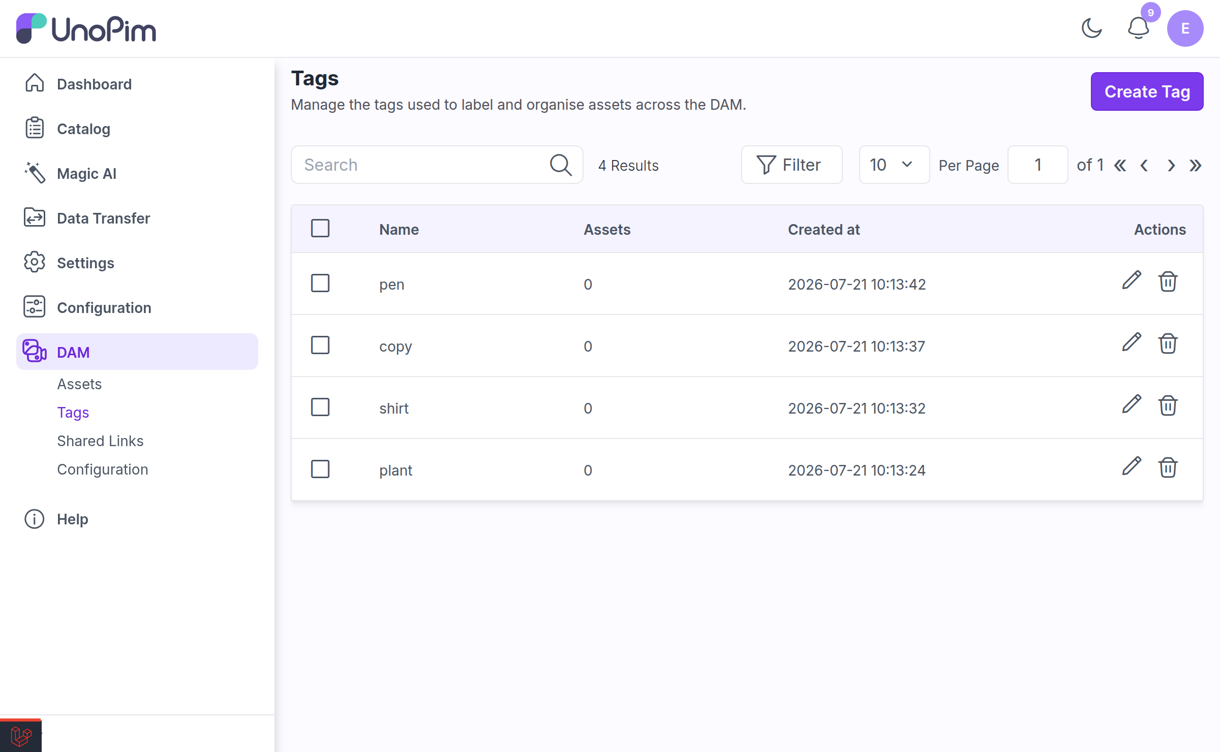 DAM > Tags datagrid listing tags with Name, Assets count and Created at columns, plus the Create Tag button