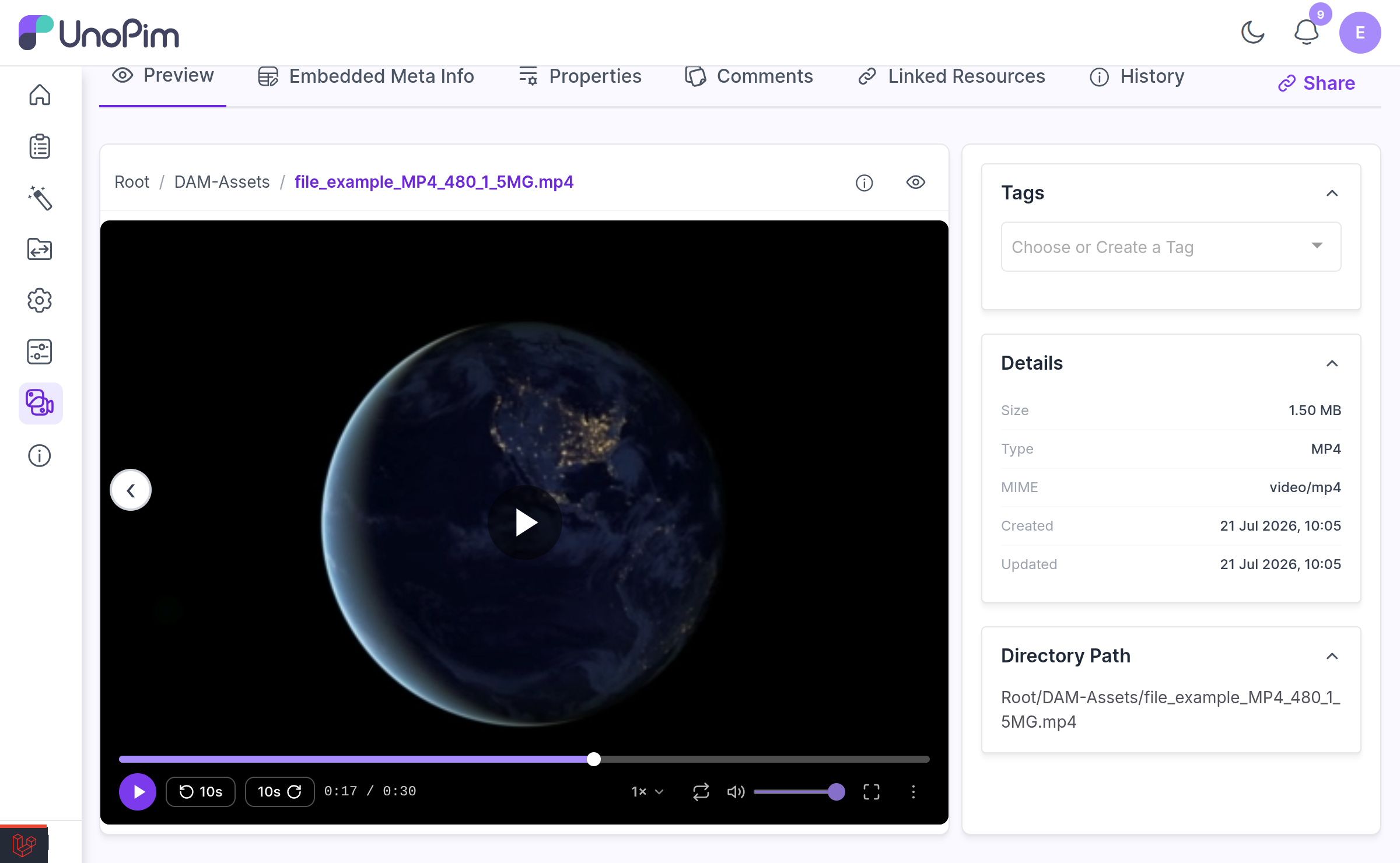 Video preview with the custom player controls — play/pause, scrub bar, skip, volume, speed, loop, PiP and fullscreen