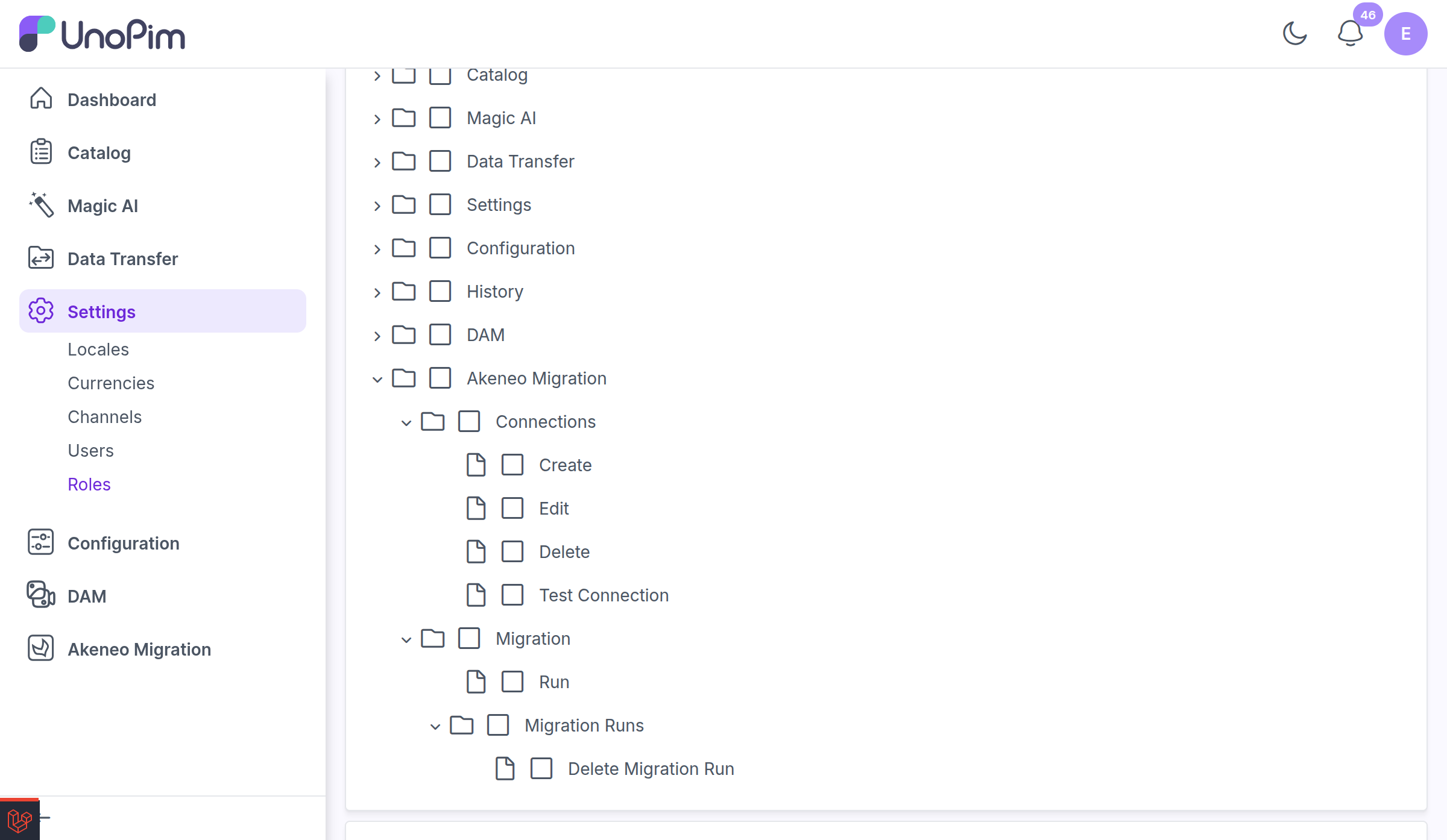 Akeneo Migration permissions in role settings
