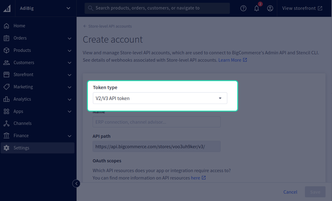 Pick BigCommerce API account type