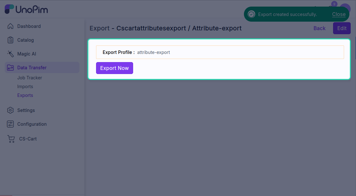 Start export button