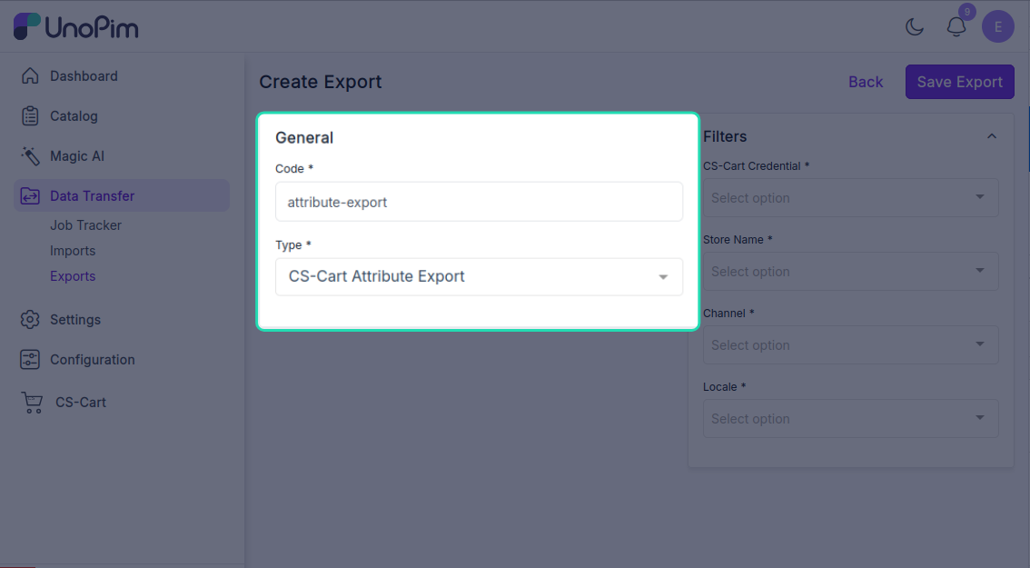 Export profile form filled