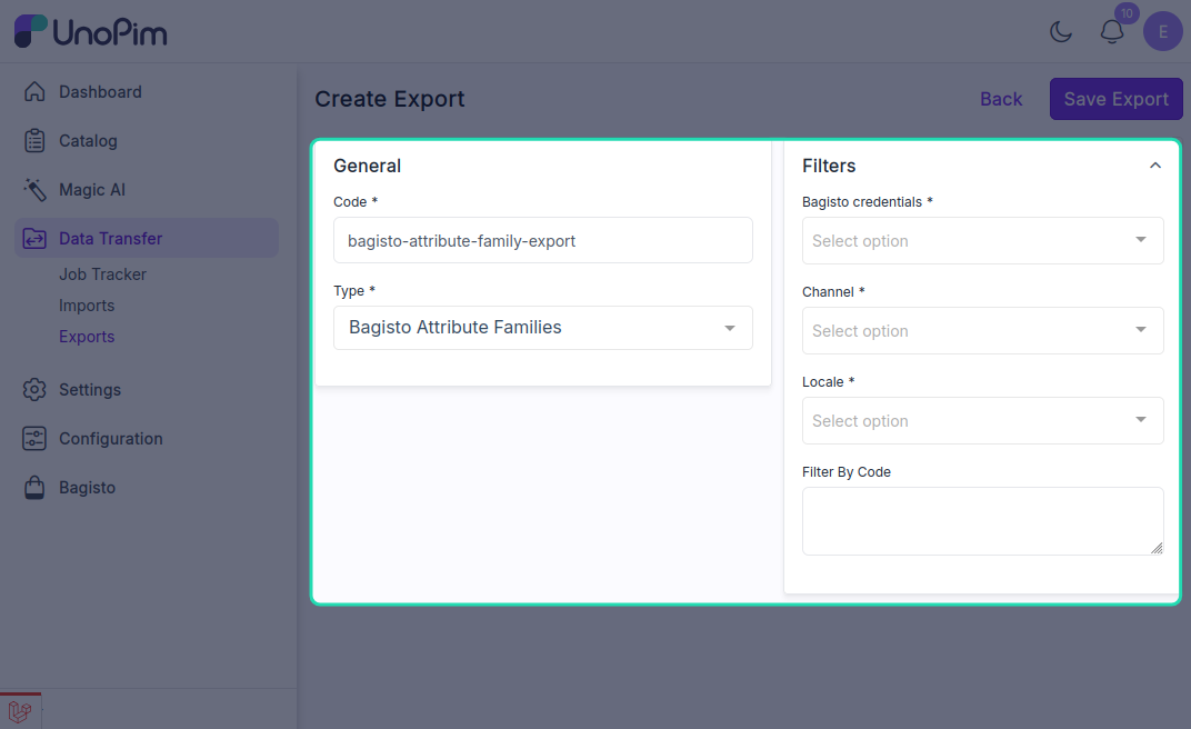 Bagisto Attribute Family Export