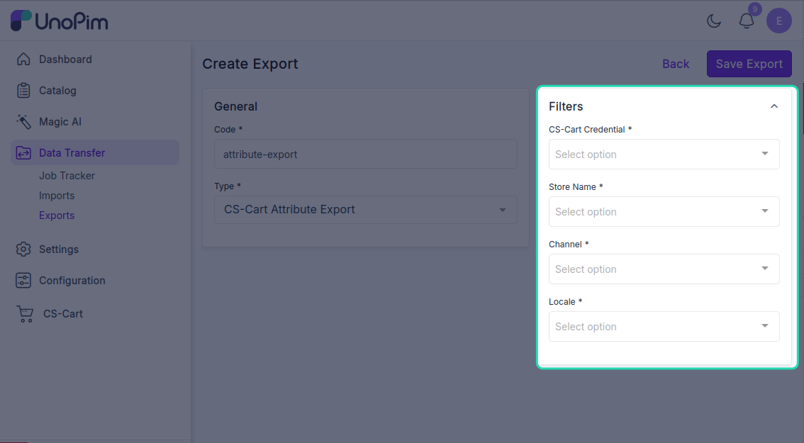 Export profile filters