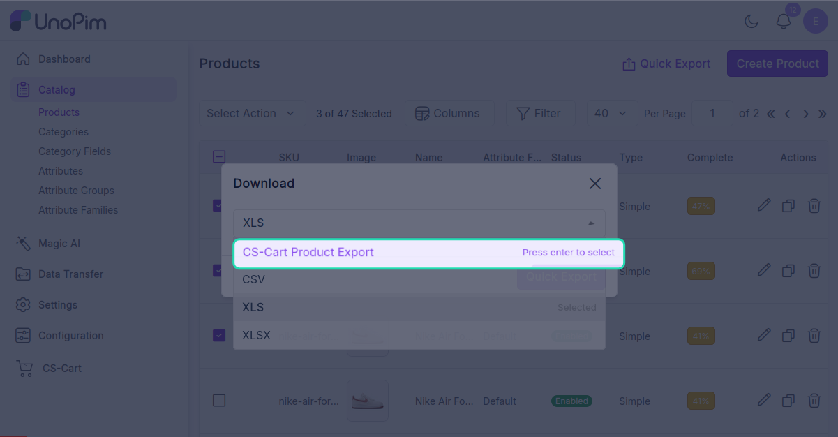 Quick export form
