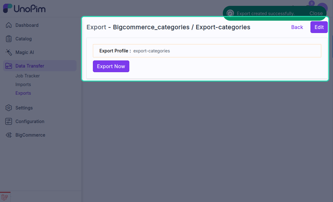 Start export button