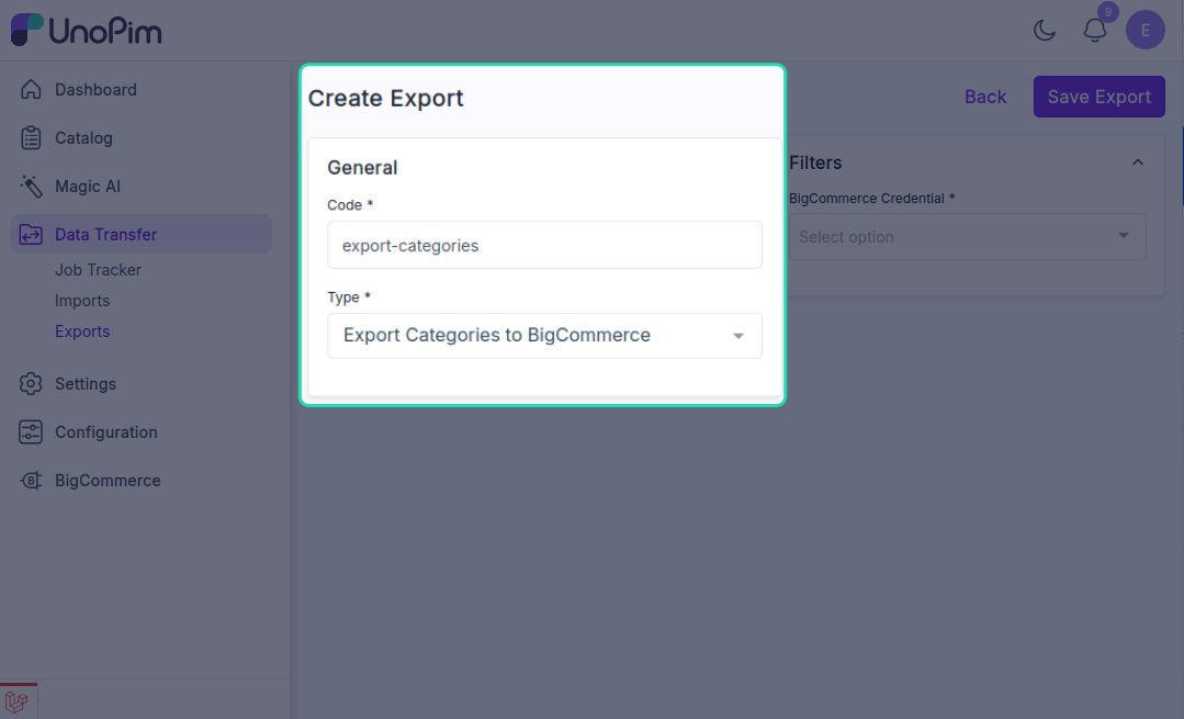 Export profile form filled