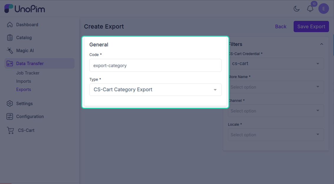 Export profile form filled