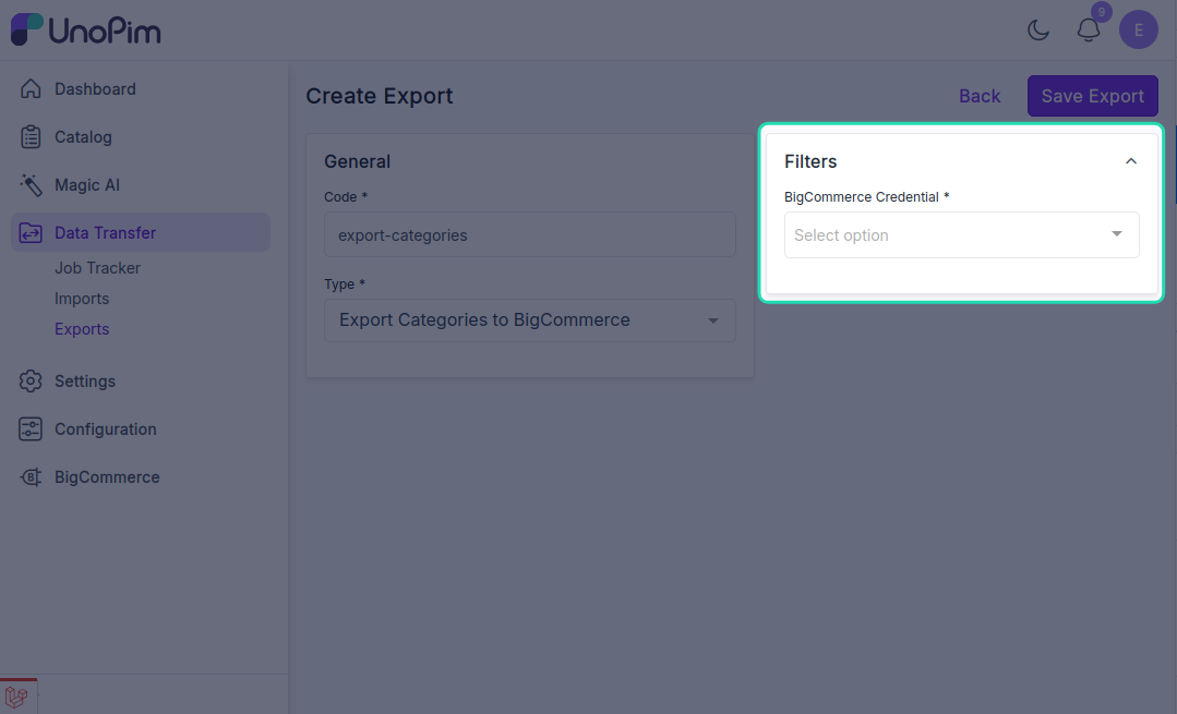 Export profile filters