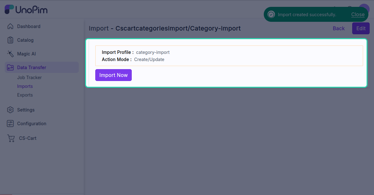 Start import button