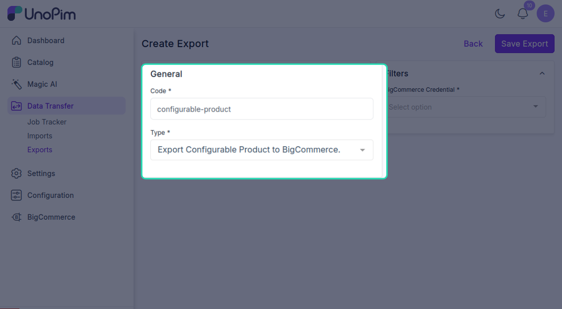Export profile form filled