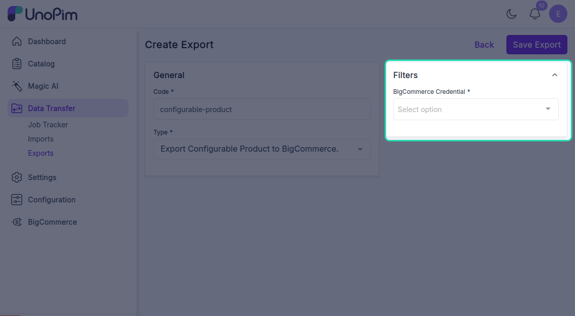 Export profile filters