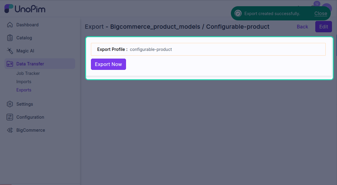 Start export button