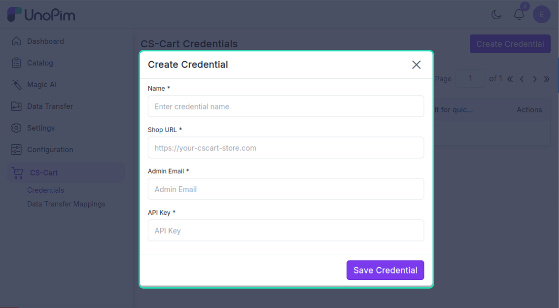 Create credential form filled
