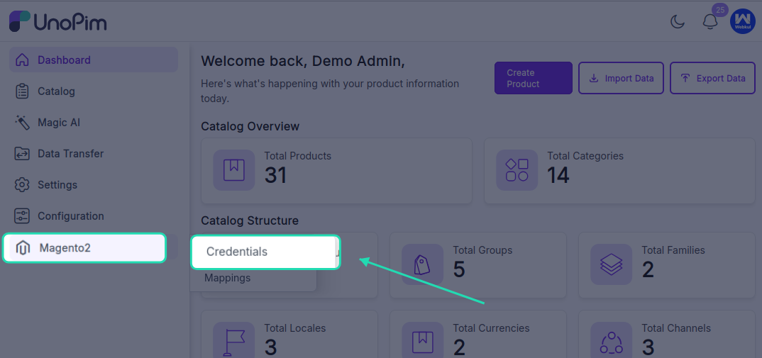 UnoPim Magento 2 Connector Credentials