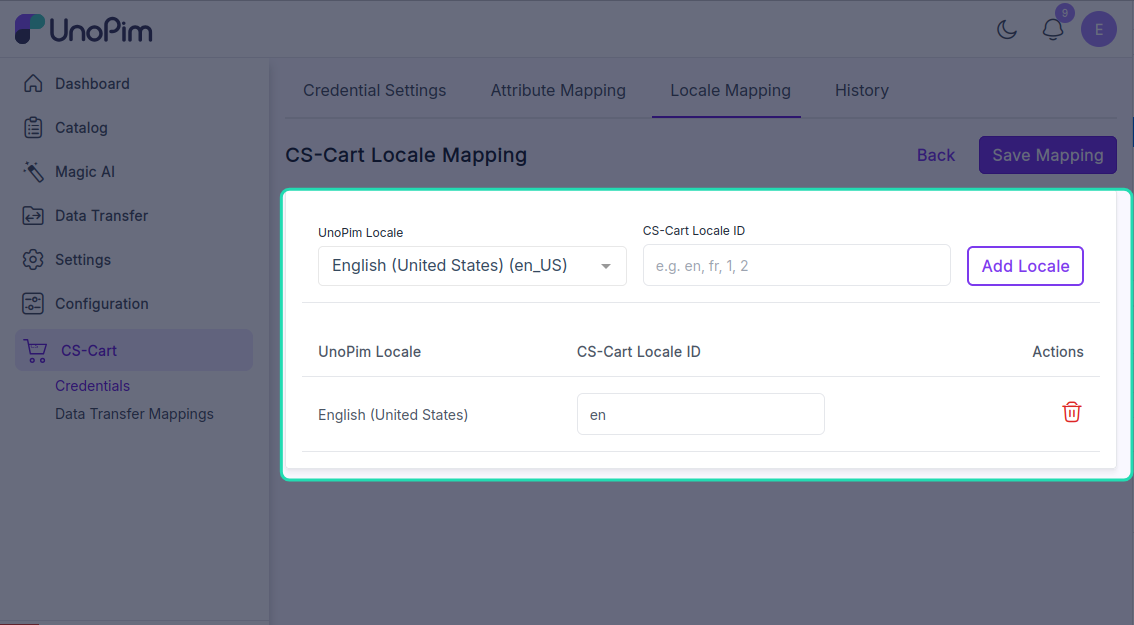 Locale mapping form filled