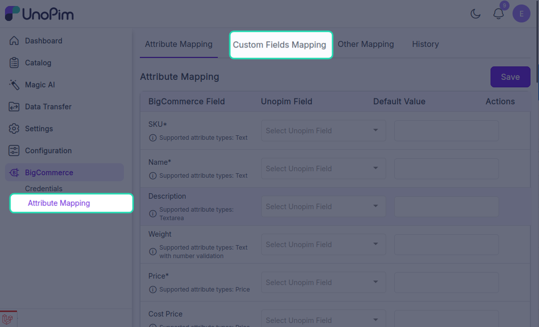 Custom Mappings page