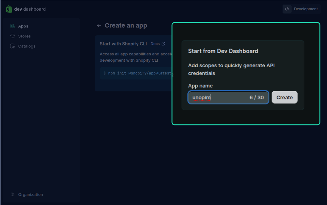 Shopify enter app name