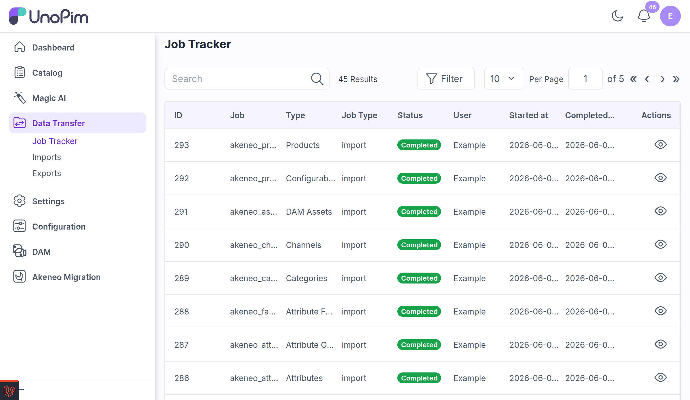Job Tracker showing Akeneo migration jobs