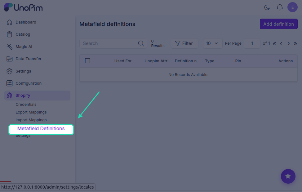 Metafield Definitions Tab