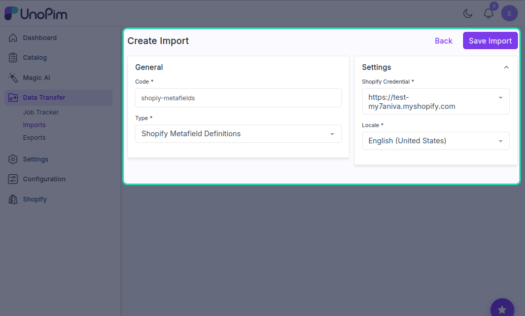 Metafield Definitions Import Settings