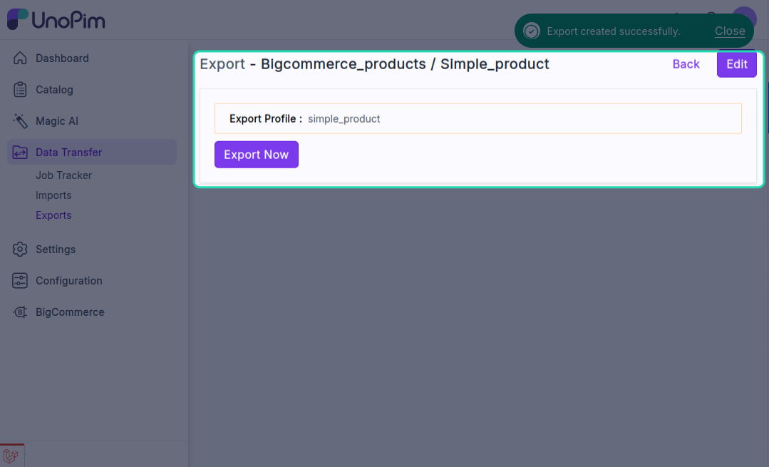 Start export button