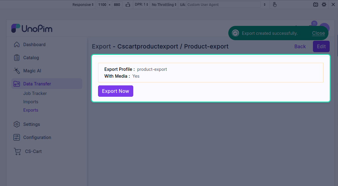 Start export button
