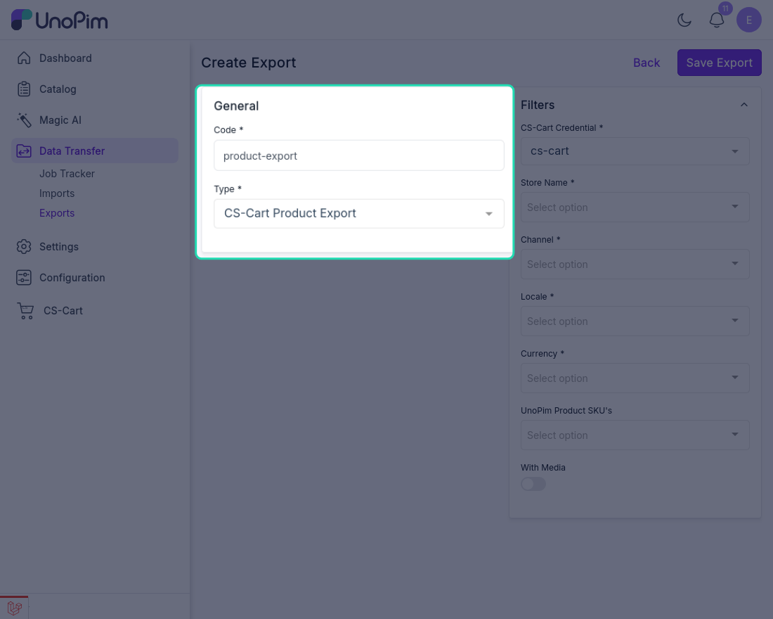 Export profile form filled