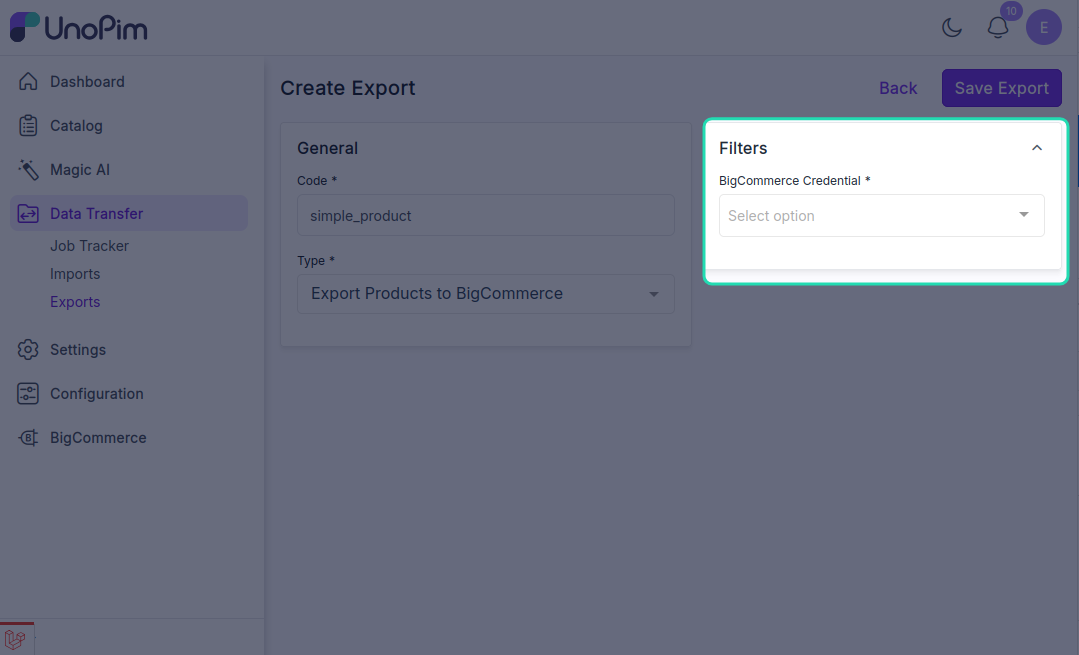 Export profile filters