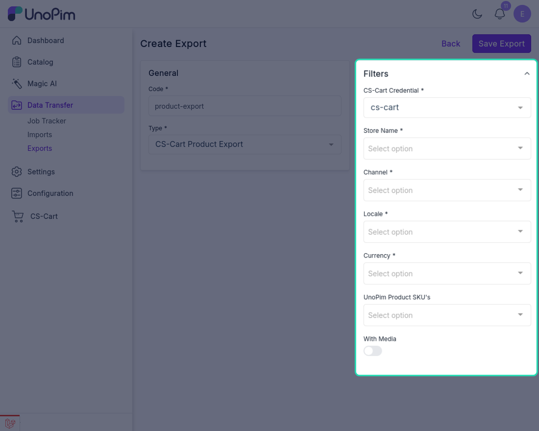 Export profile filters