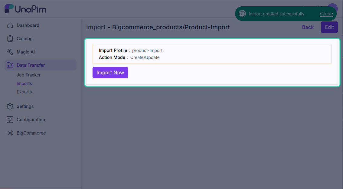 Start import button