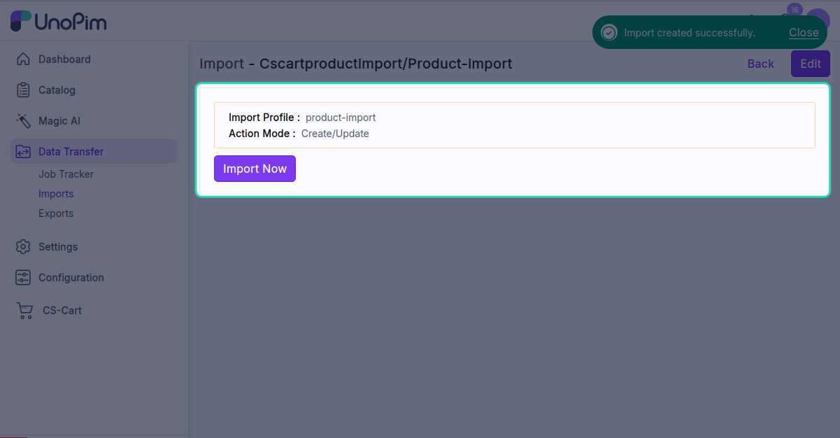 Start import button