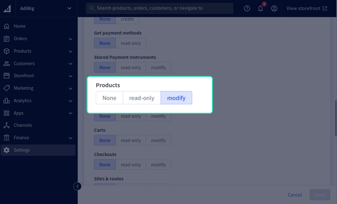 BigCommerce API account products scope