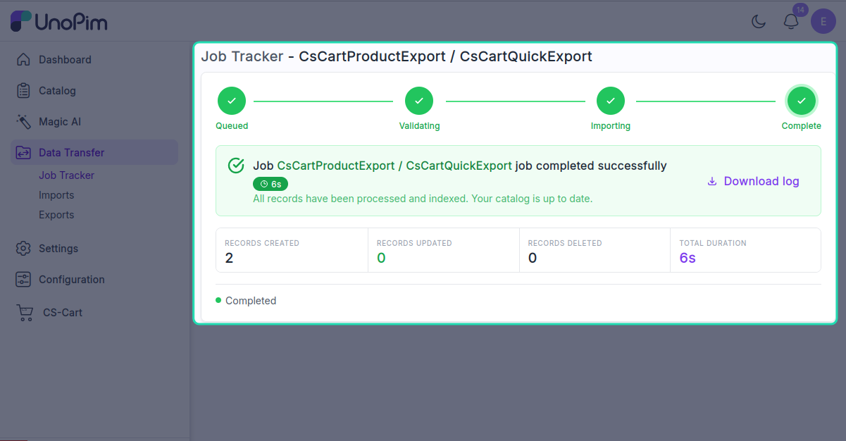 Export success message