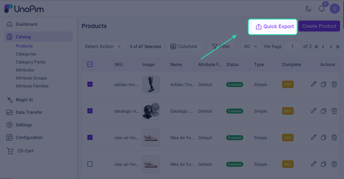 Quick export action
